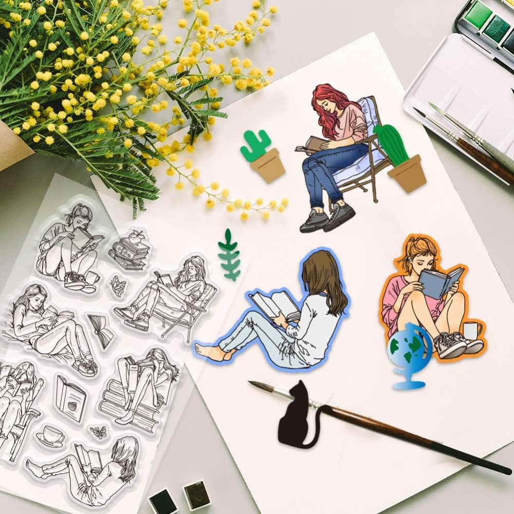 Lady and Books Clear Stamps Bo - Rubber Stamp Blank recension och pris